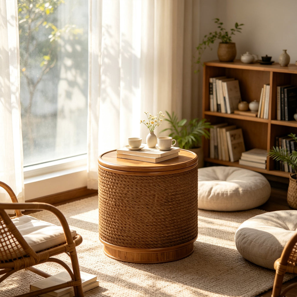 Round Rattan Coffee Table with Lift-Off Lid Storage