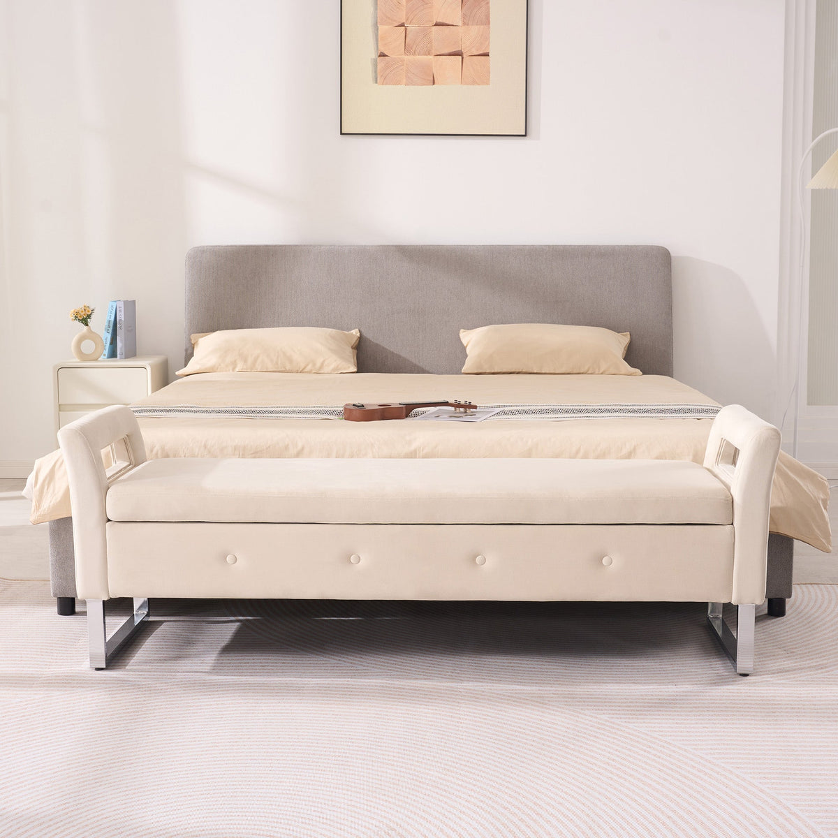 67.91" Wide Velvet Storage Soft Bench with Armrests