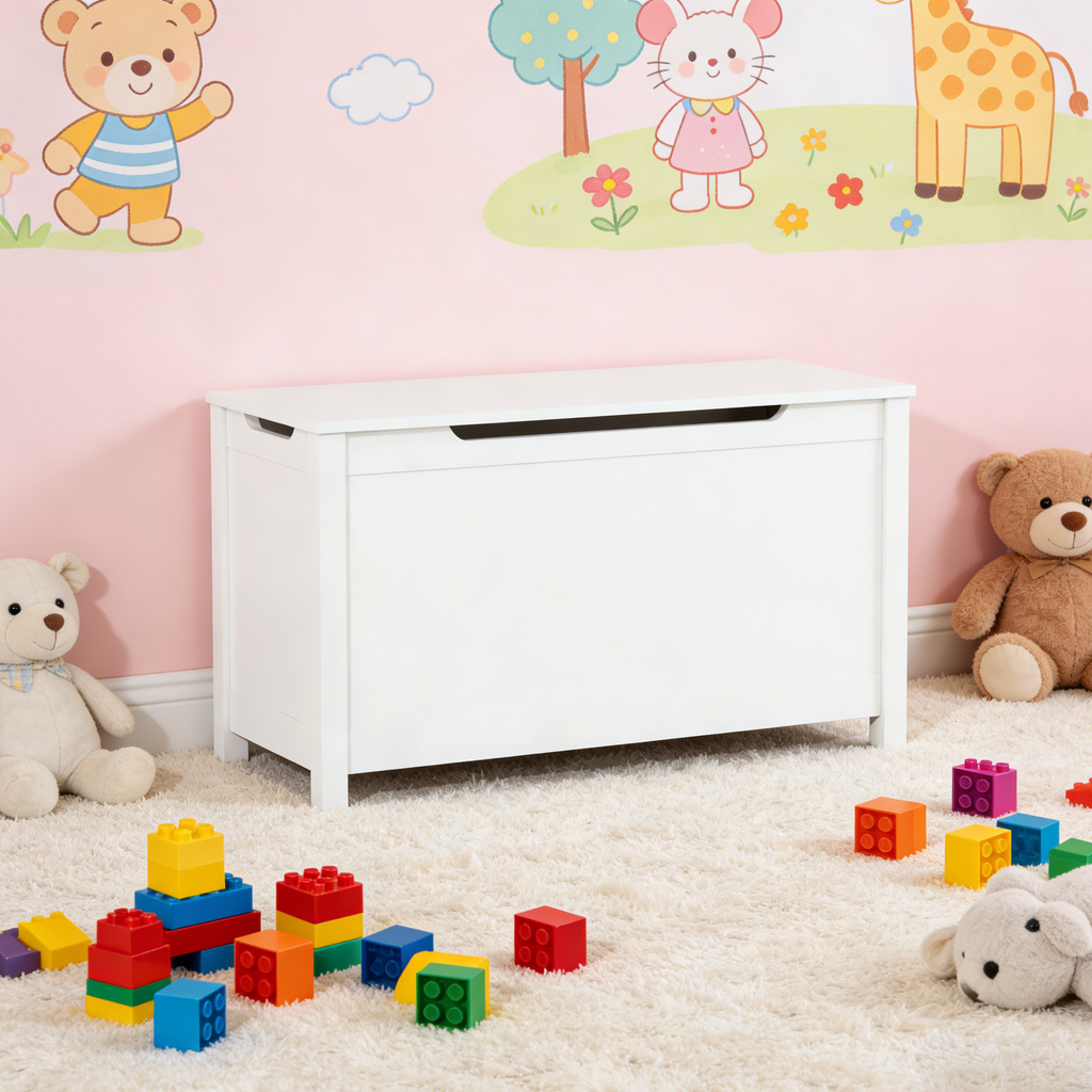 Kids Wooden Toy Box Storage with Safety Hinged Lid for Ages 2+