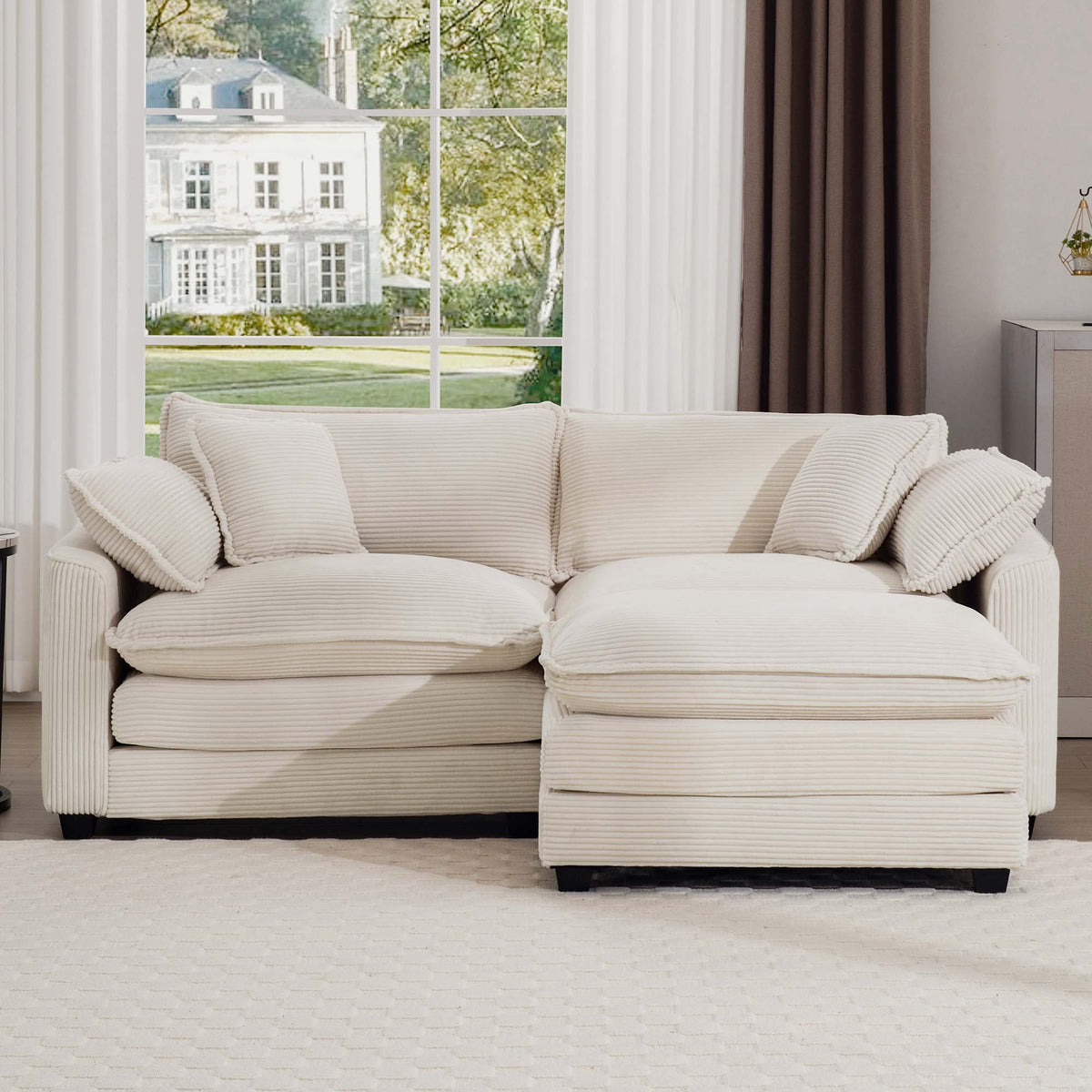 Corduroy Two-Seater Sofa with 1 Footrest