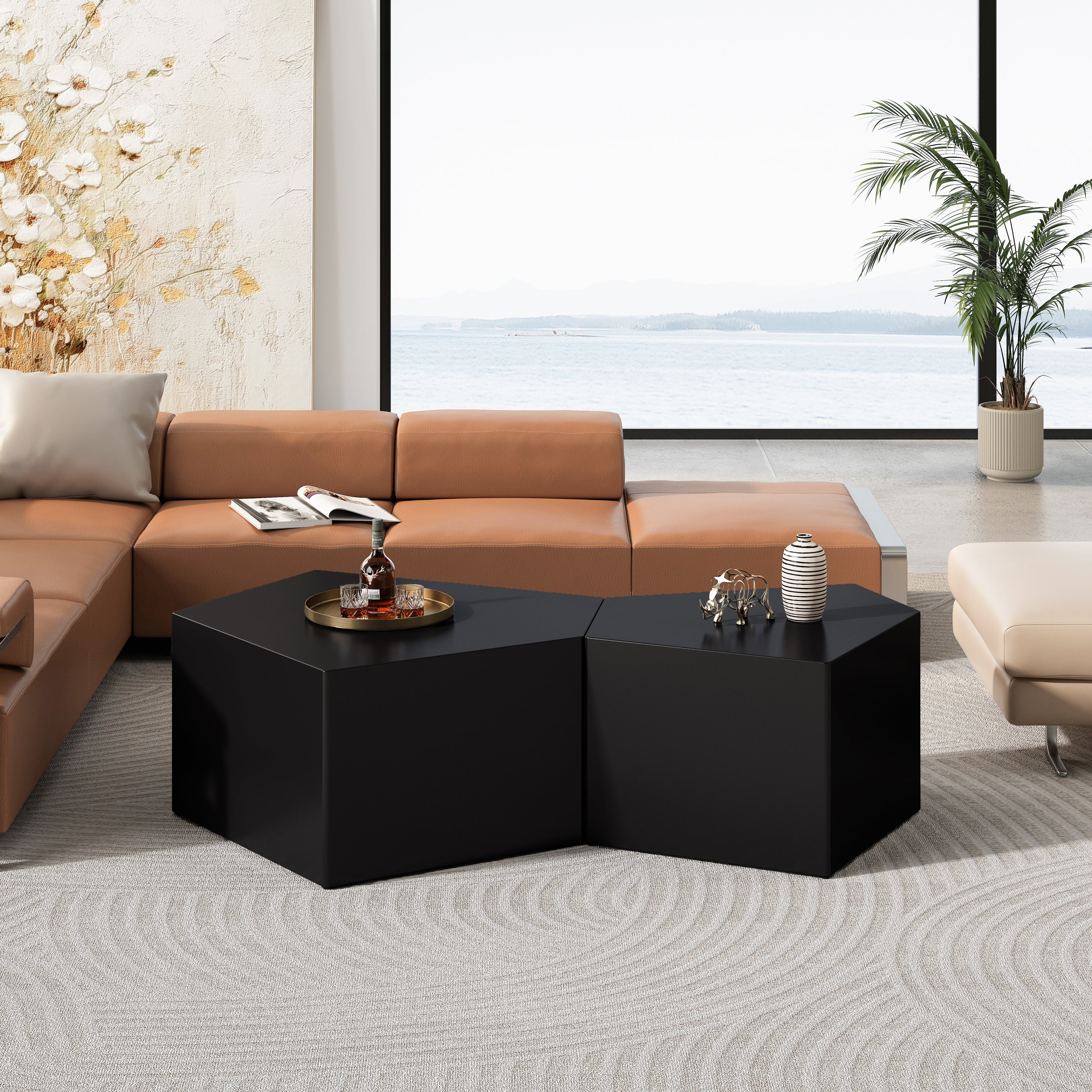 Irregular Pentagon Nesting Coffee Table Set - Black, Set of 2