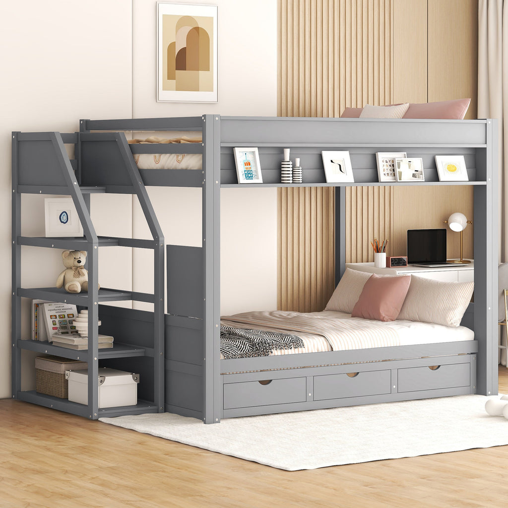 Wood Full Size Convertible Bunk Bed with Storage Staircase and Drawers