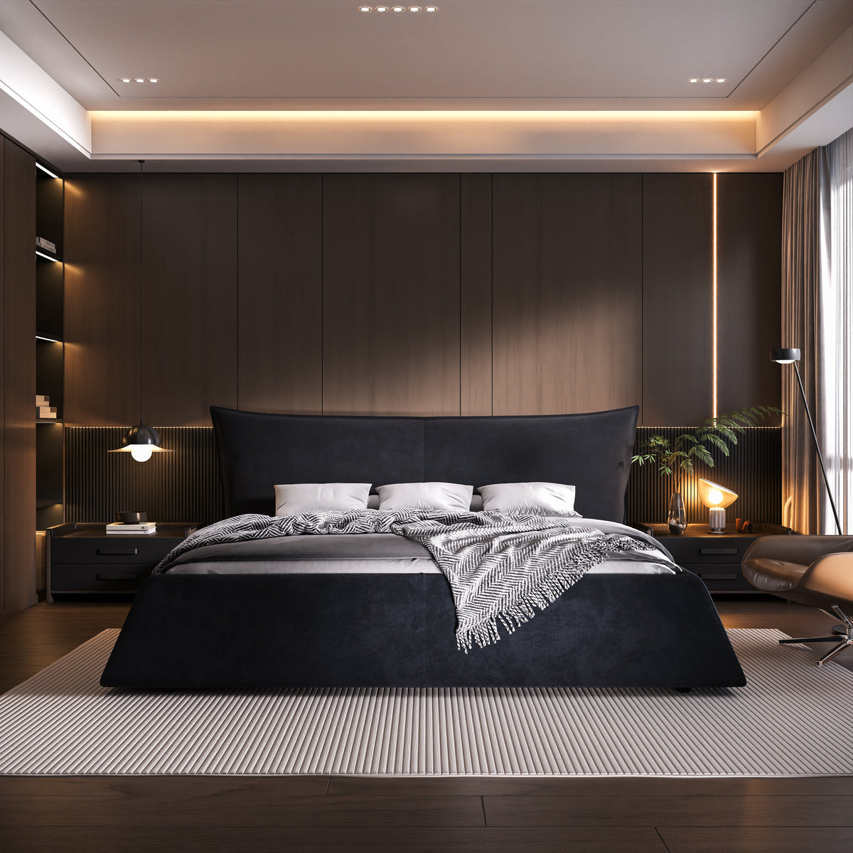 King Size Upholstered Platform Bed with Special Shaped Velvet Headboard