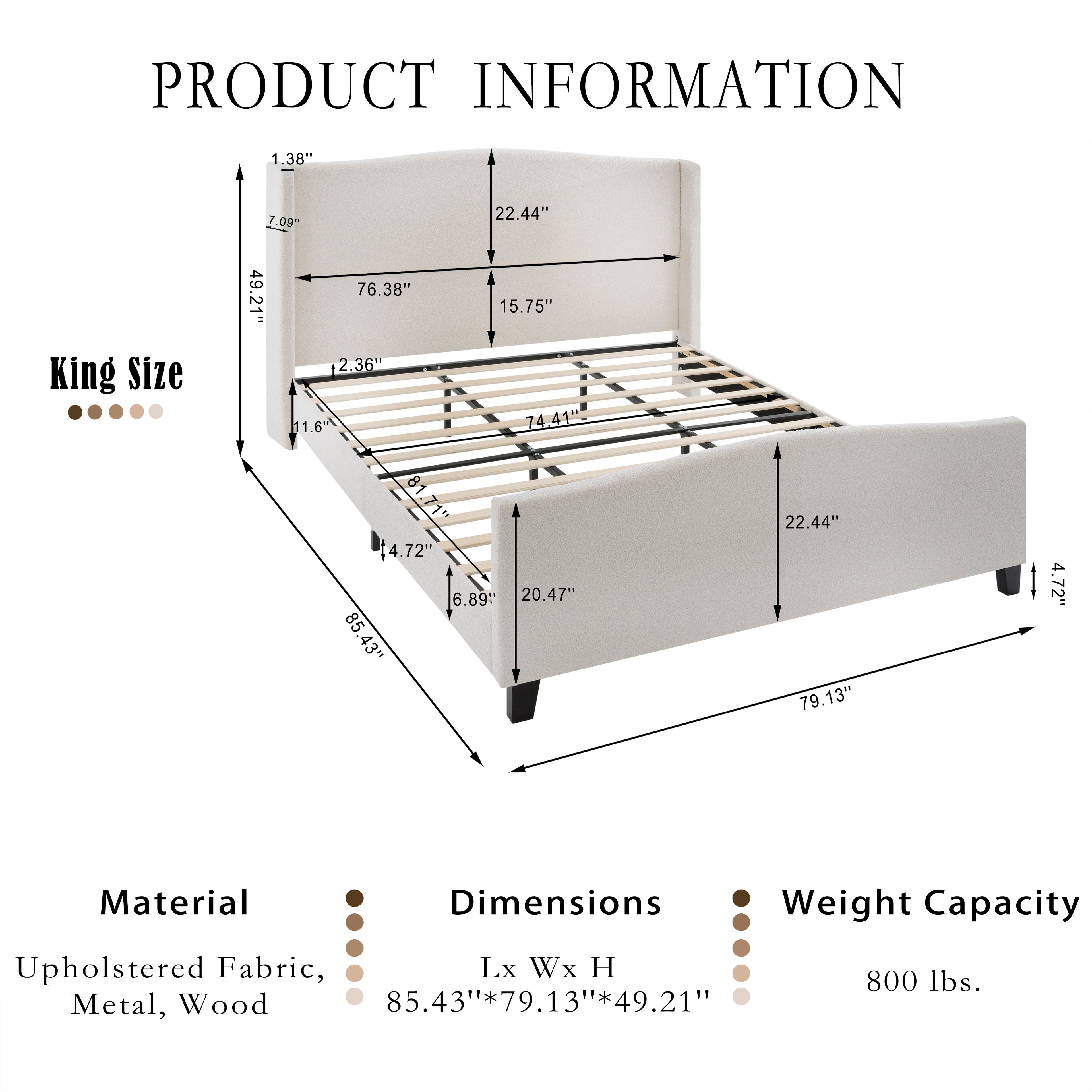 King Size Bed Frame with Upholstered Headboard