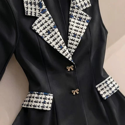 Black-and-white Houndstooth Contrast-color Lapel Blazer Vest