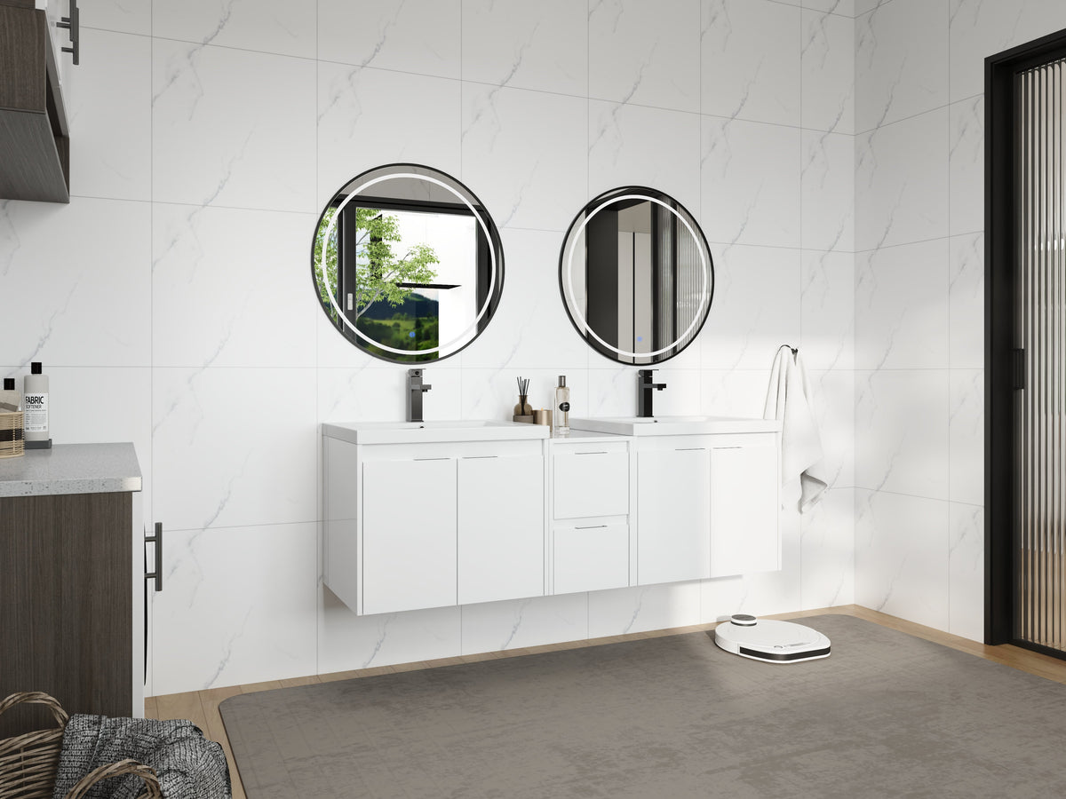 60" Bathroom Vanity With Resin Sink, Soft Close Doors and 1-Side Cabinet, Float Mounting Design, Glossy