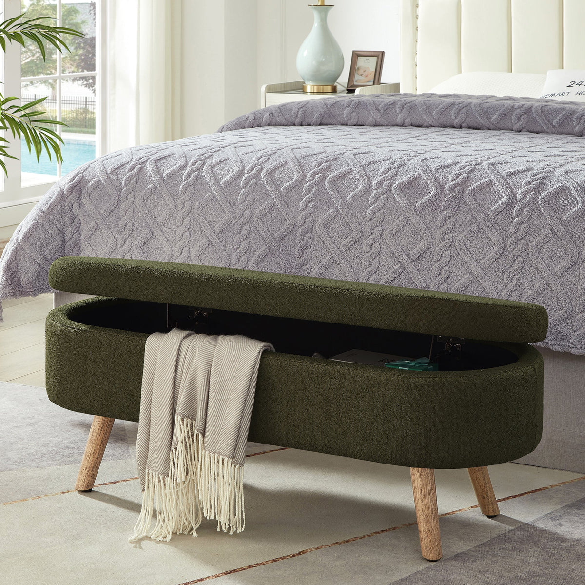 Luxury Oval Boucle Storage Ottoman Bench