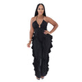 C7836 Cross-border 2026 New Women's Elegant Neck V-neck Ruffled High Waist Slimming Wide Leg Party Jumpsuit