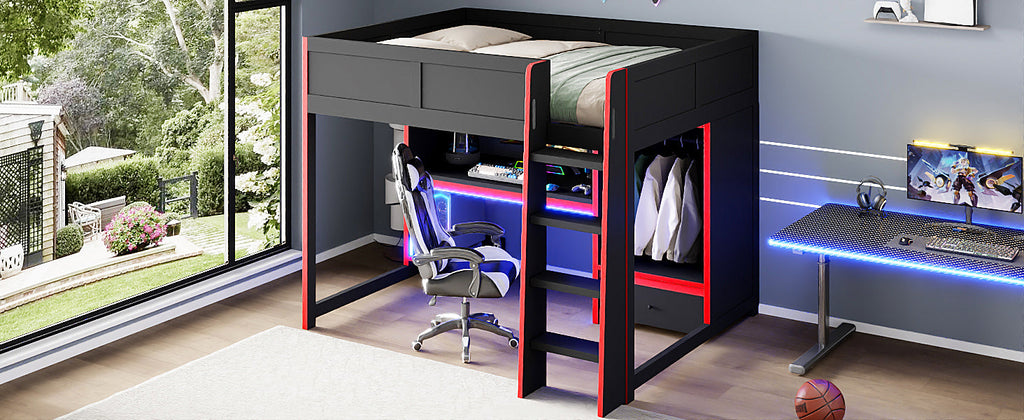 Wood Full Size Gaming Loft Bed with Built-in Desk, Wardrobe, LED and Drawer