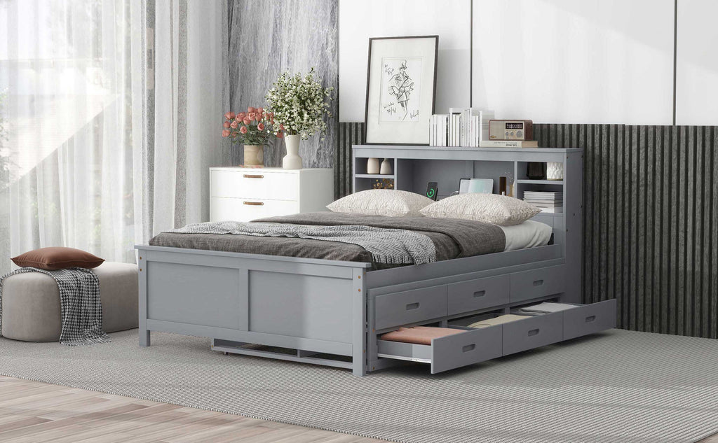 Full Size Platform Bed with Storage Headboard, USB, Twin Size Trundle and 3 Drawers