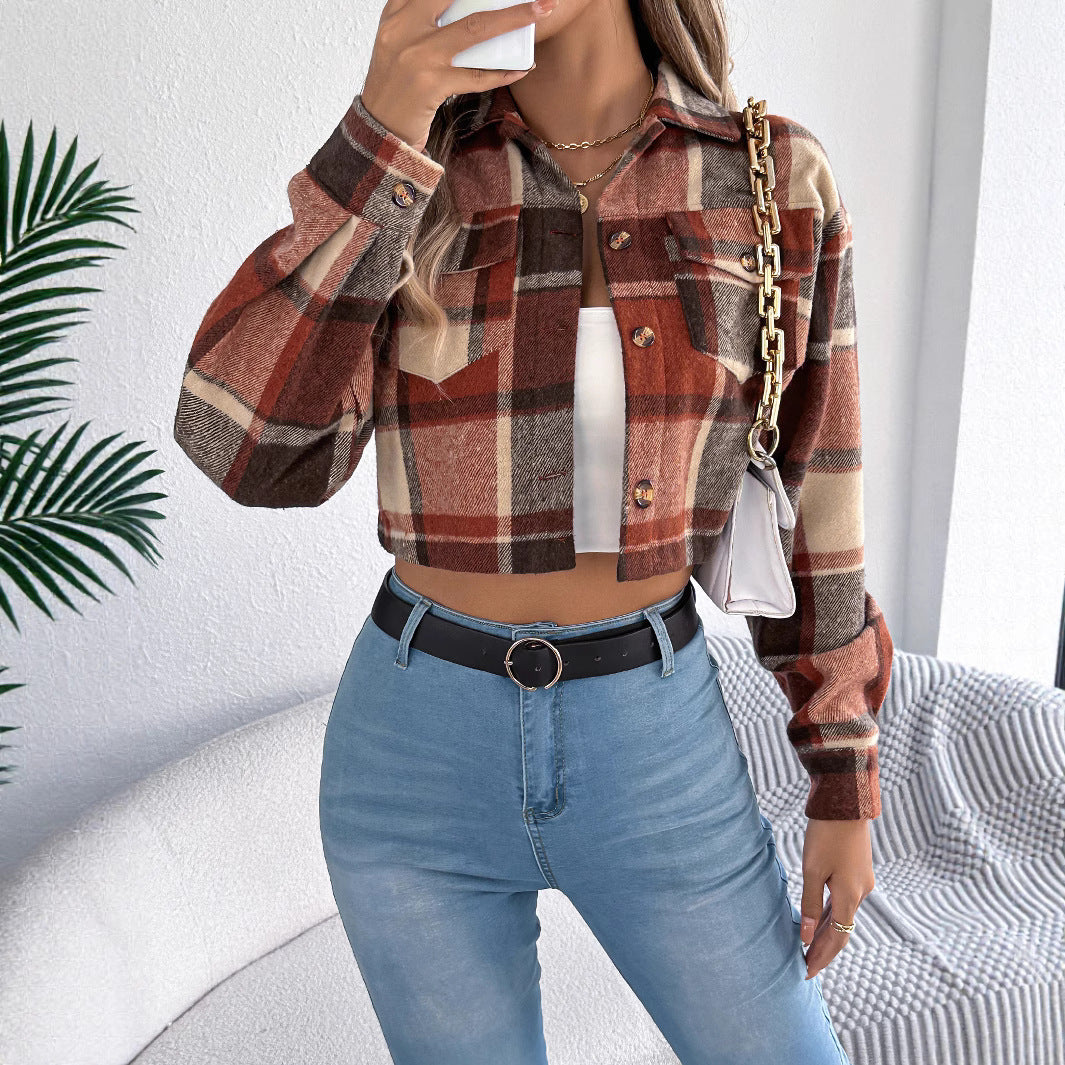 Color-block Plaid Long-sleeve Wool Short Jacket Coat