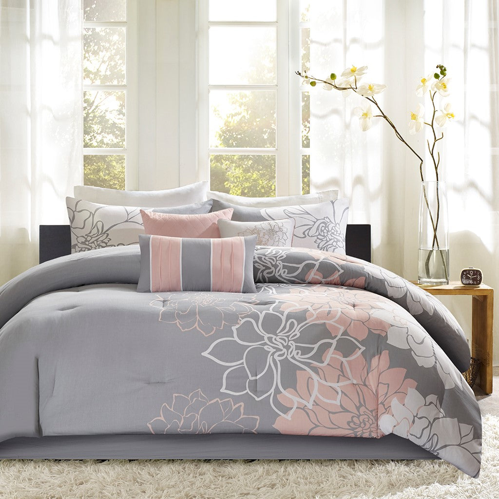 Printed Cotton Sateen Comforter Set Grey/Peach Twin/Twin XL