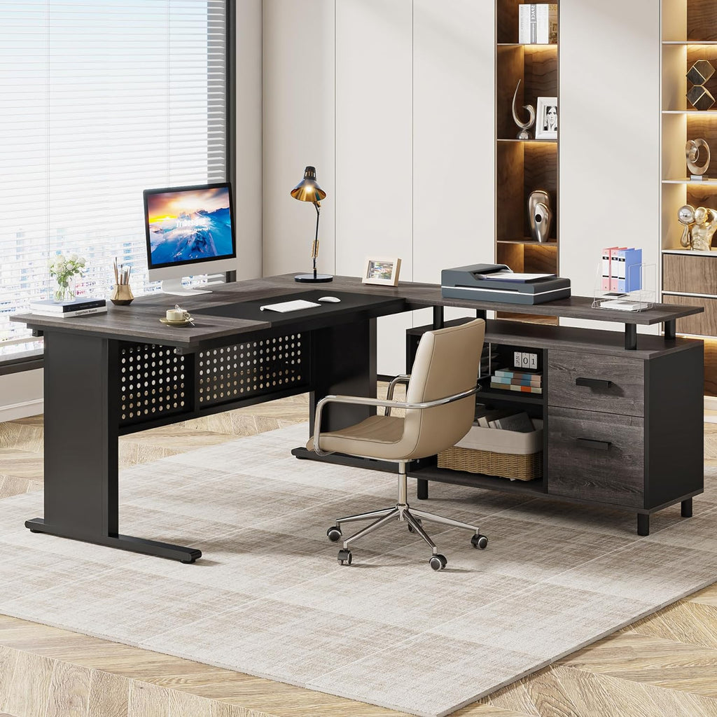 63" L-Shaped Executive Desk with File Cabinet