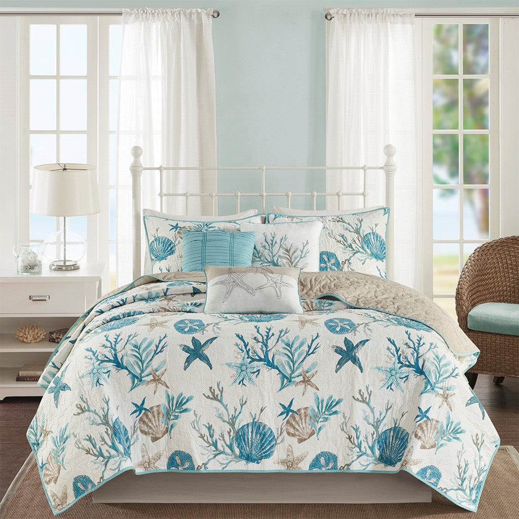 6 Piece Cotton Sateen Quilt Set with Throw Pillows Aqua - King/Cal King