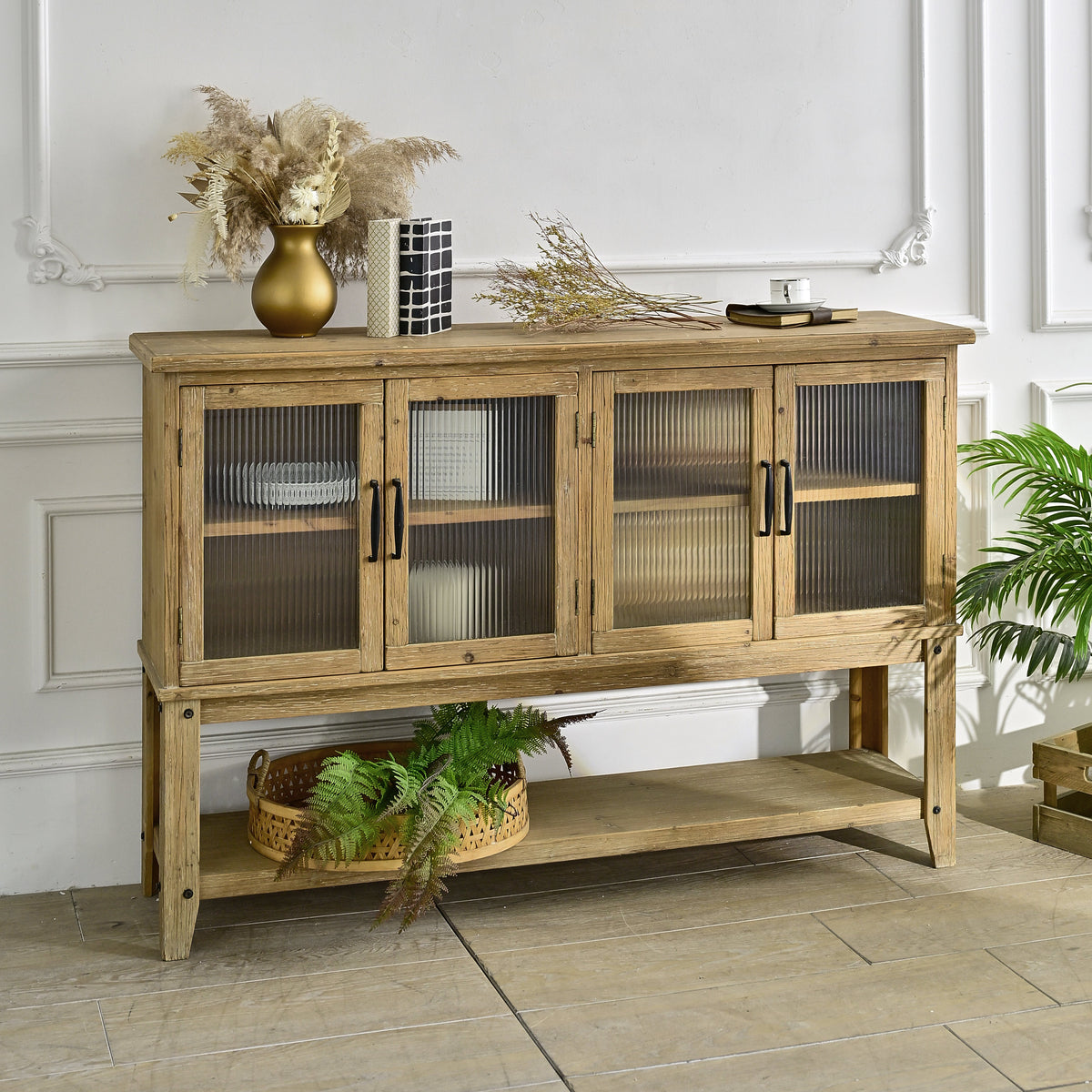 59.06" Rectangle Accent Glass Door Wooden Sideboard Cabinet