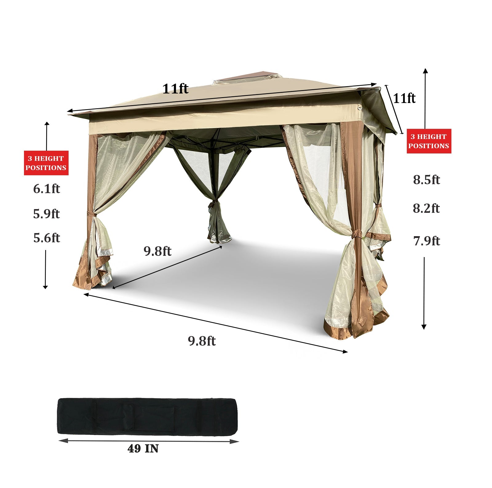 Outdoor 11x11 Ft Pop Up Gazebo Canopy With Removable Zipper Netting
