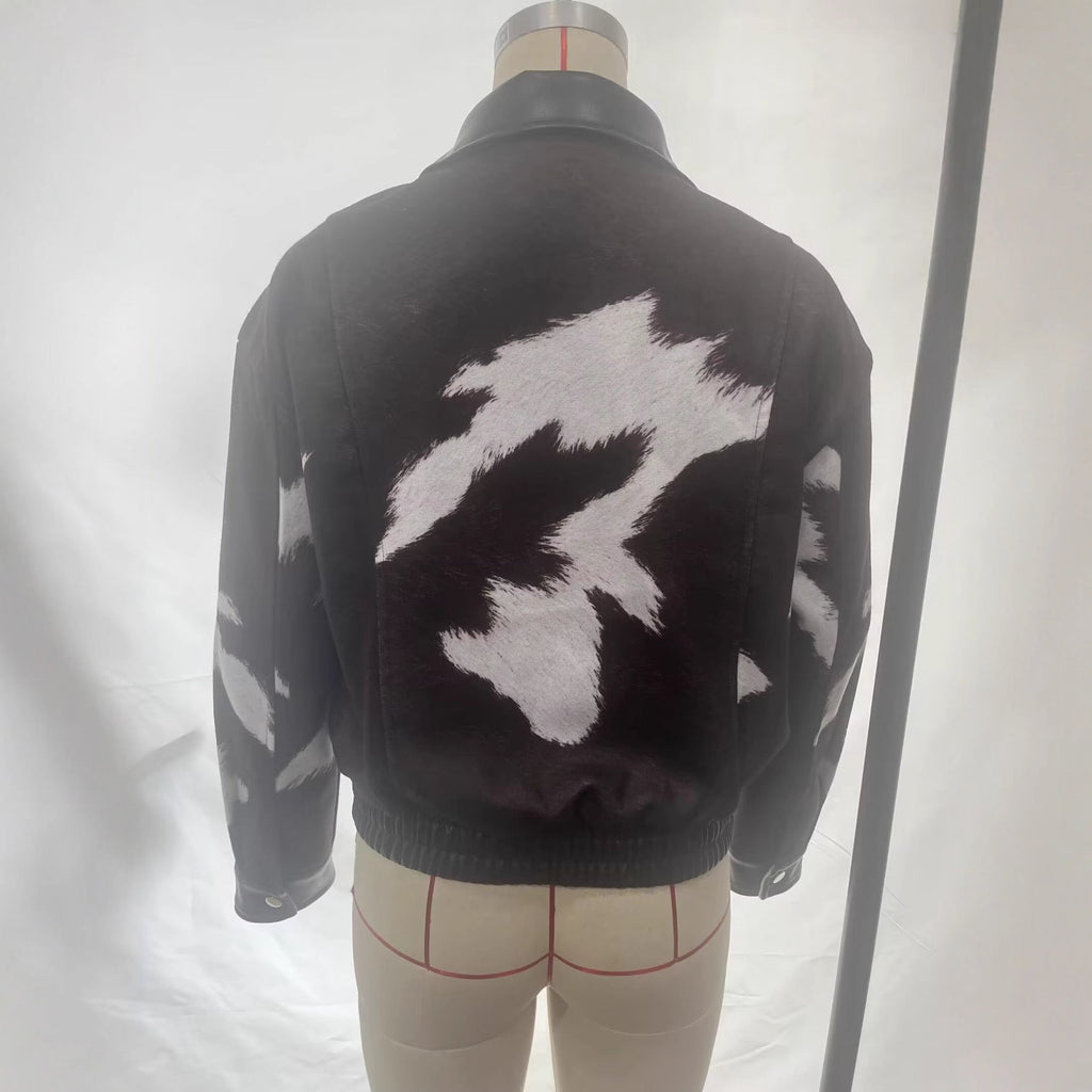Street-style Hoodless Versatile Short Cow-print Jacket