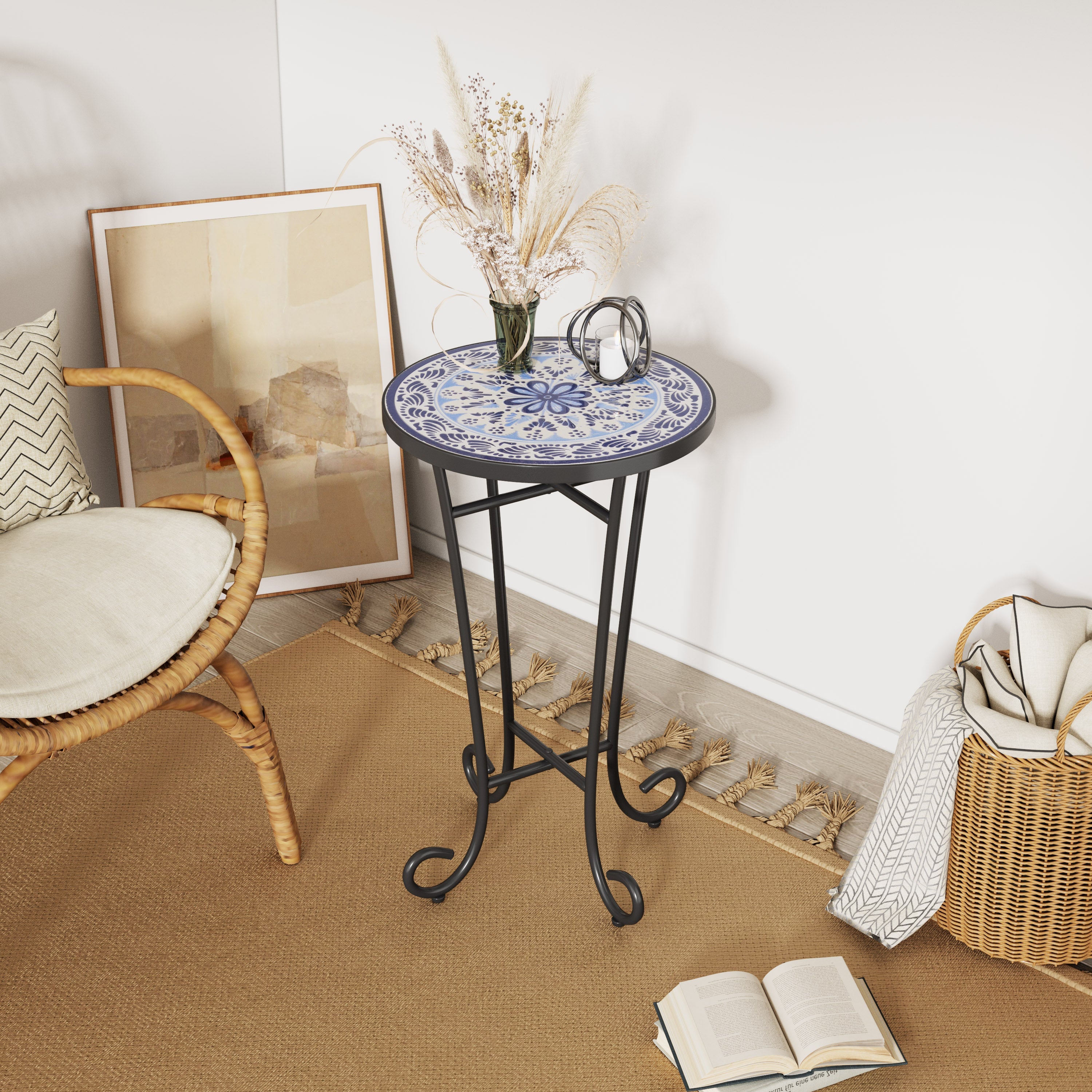 Patio Side Table, Blue + Black