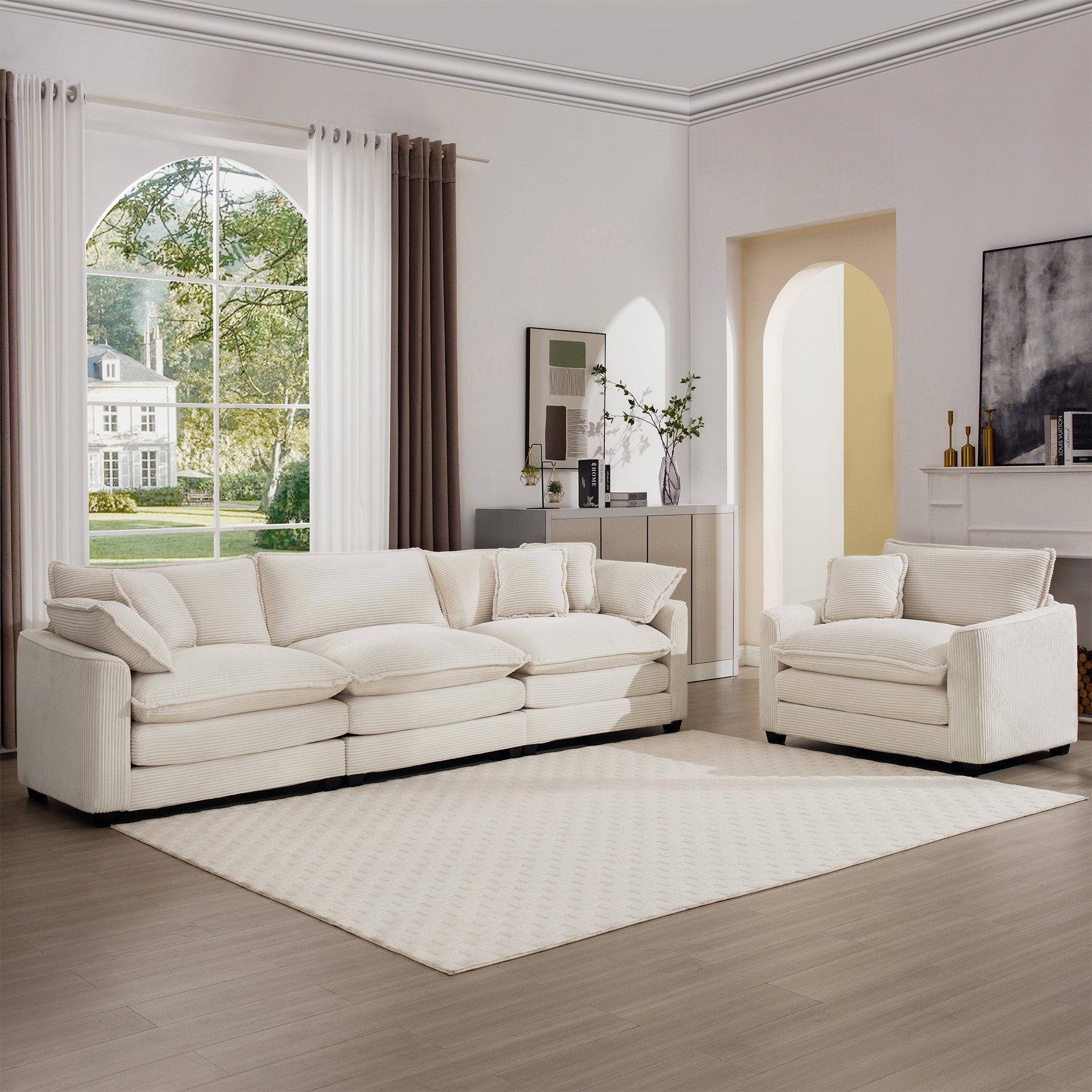 Mid-Century Modern Set of 2 Sofas with One 3-Seater Sofa and One Single Accent Chair