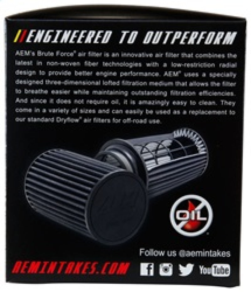 AEM Induction AEM Brute Force Dryflow Air Filter - Conical 6in Base OD / 5.125in Top OD / 5.25in Height 21-205BF