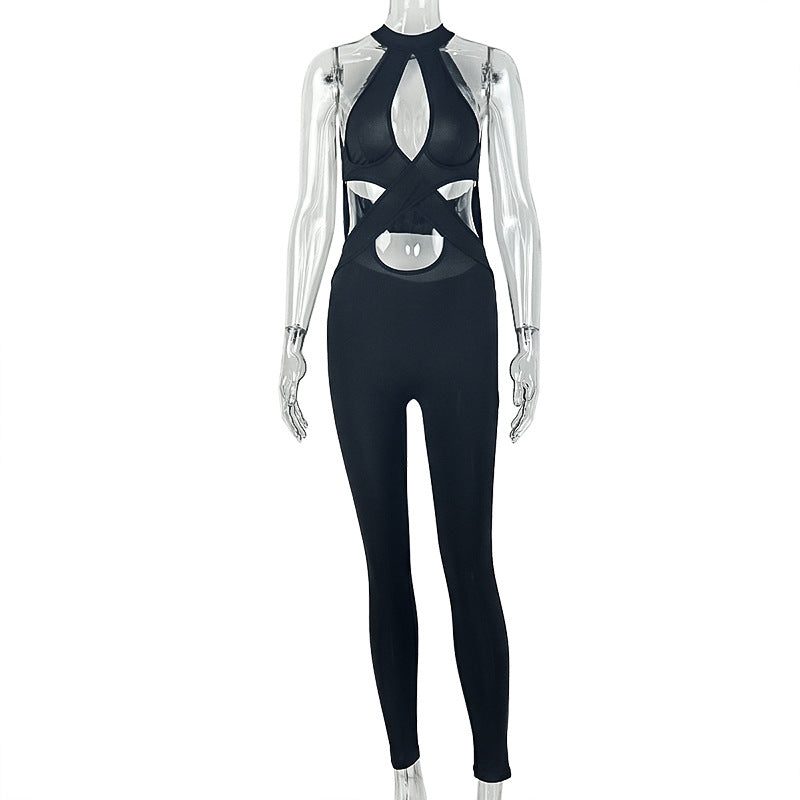 Womens Casual Backless Elastic Hollow-out Design Jumpsuit