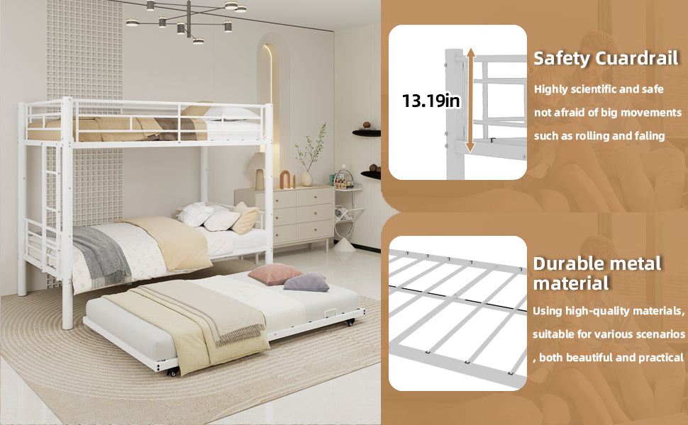 White Twin Metal Triple Bunk Bed with Removable Design