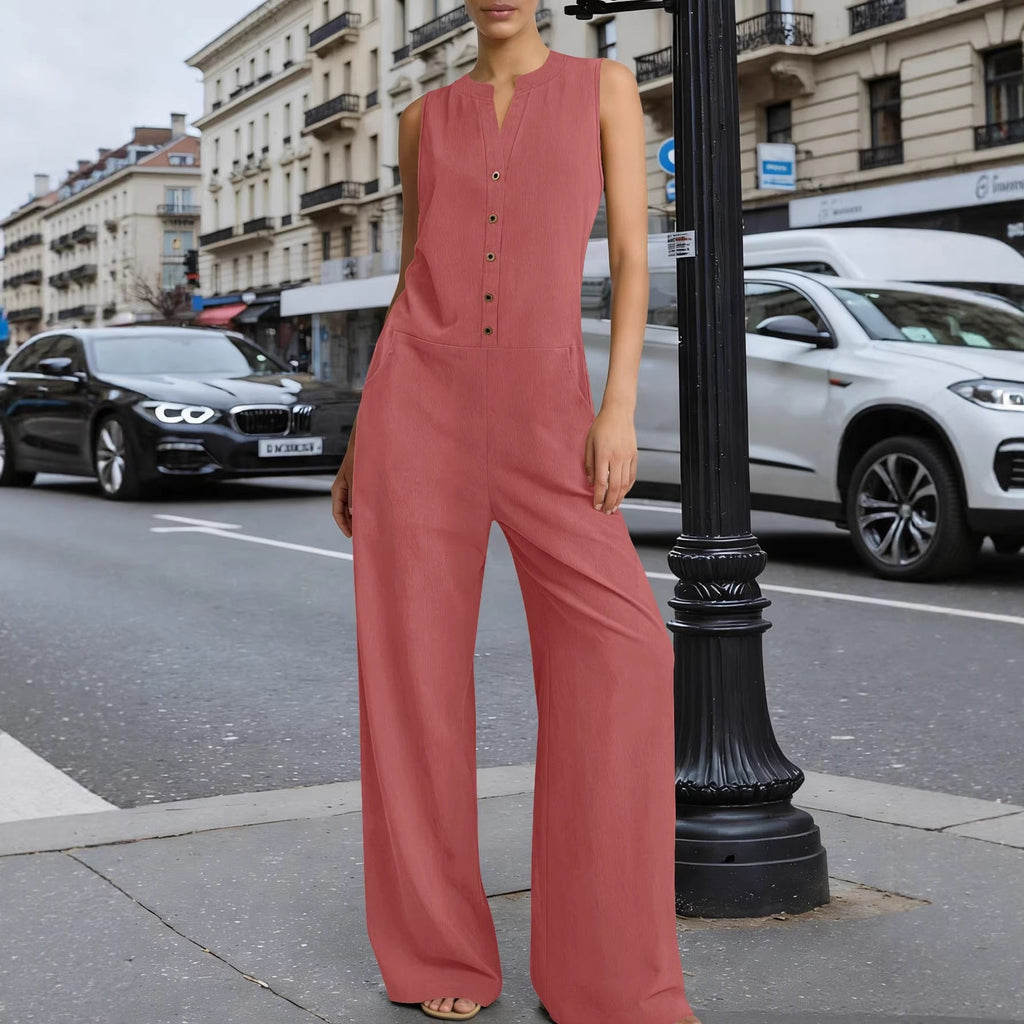 EBay Amazon European And American Cross-border Spring-summer Solid Color Wide-leg Jumpsuit Casual Loose V-neck Buttoned Jumpsuit For Women