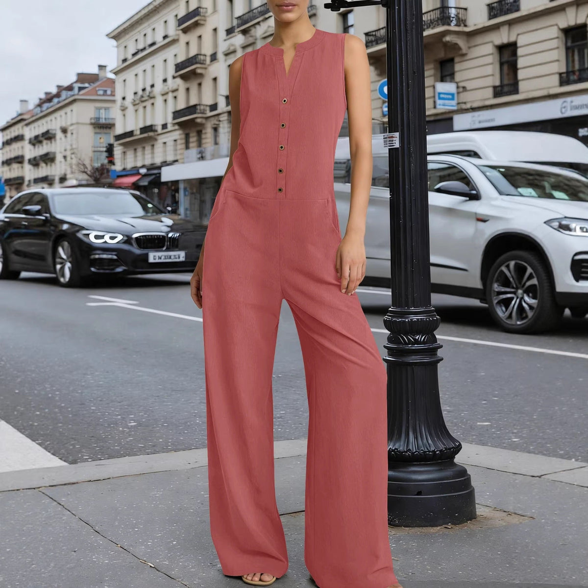 EBay Amazon European And American Cross-border Spring-summer Solid Color Wide-leg Jumpsuit Casual Loose V-neck Buttoned Jumpsuit For Women