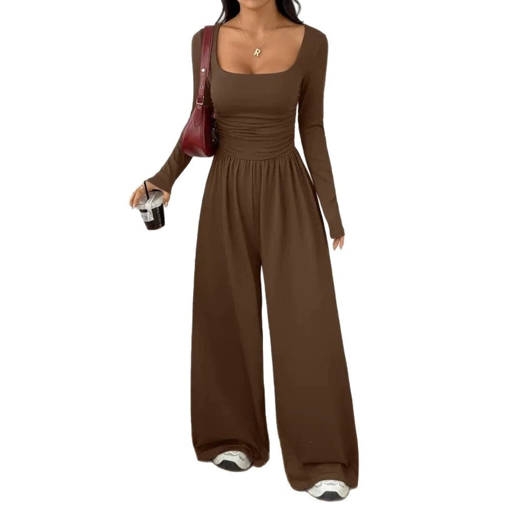 European And American Women's Clothing For Spring And Autumn, New Amazon Cross-border Women's Simple Style Solid Color Casual Long-sleeve Wide-leg Jumpsuit