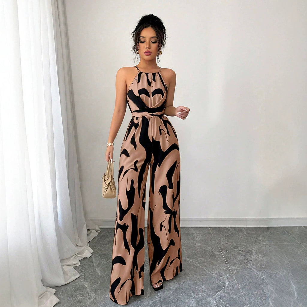 Cross-Border Foreign Trade Halter Neck Jumpsuit  Summer European And American Style Milk Pattern Tie-Up Halter Jumpsuit For Women