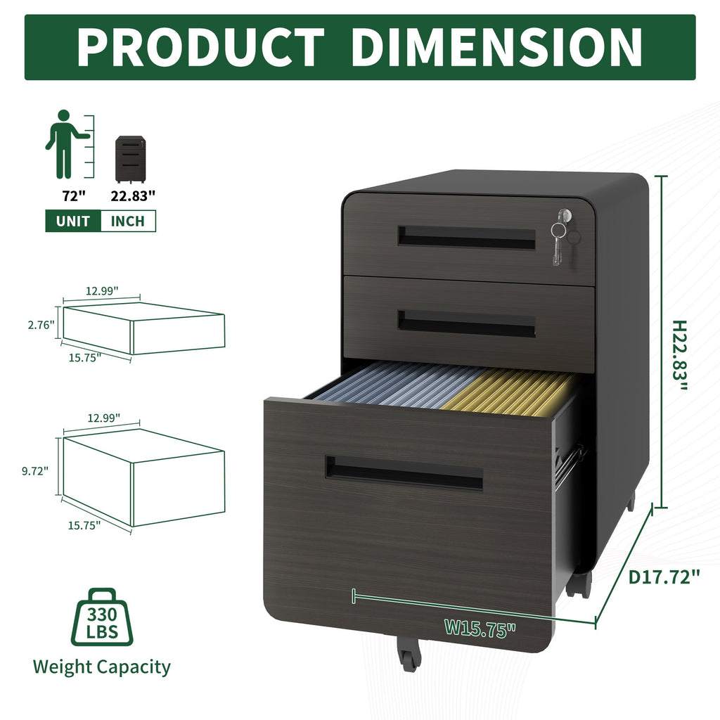 3-Drawer Mobile File Cabinet with Lock