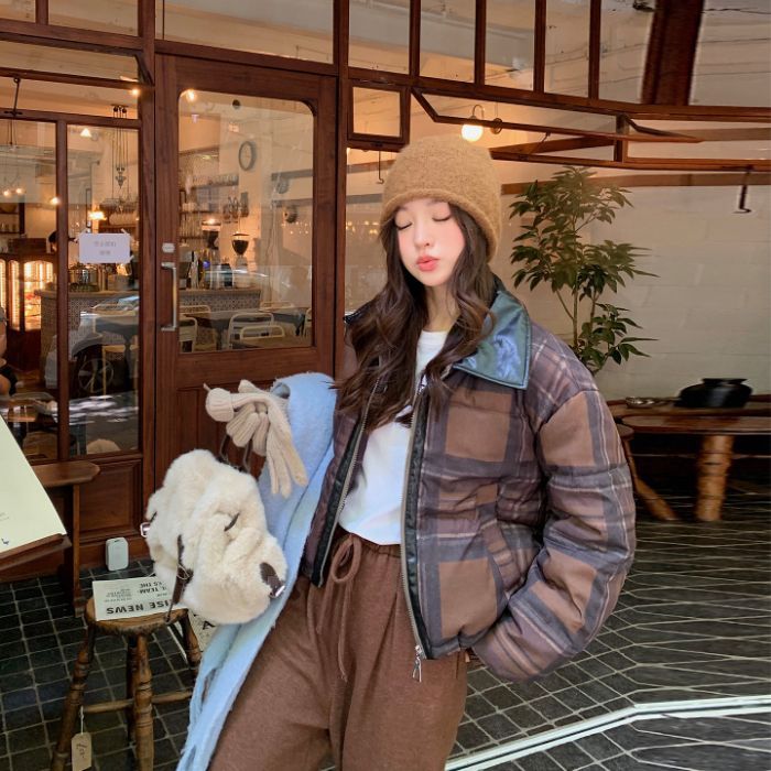 Loose-fit Stand-collar Plaid Padded Coat For Women