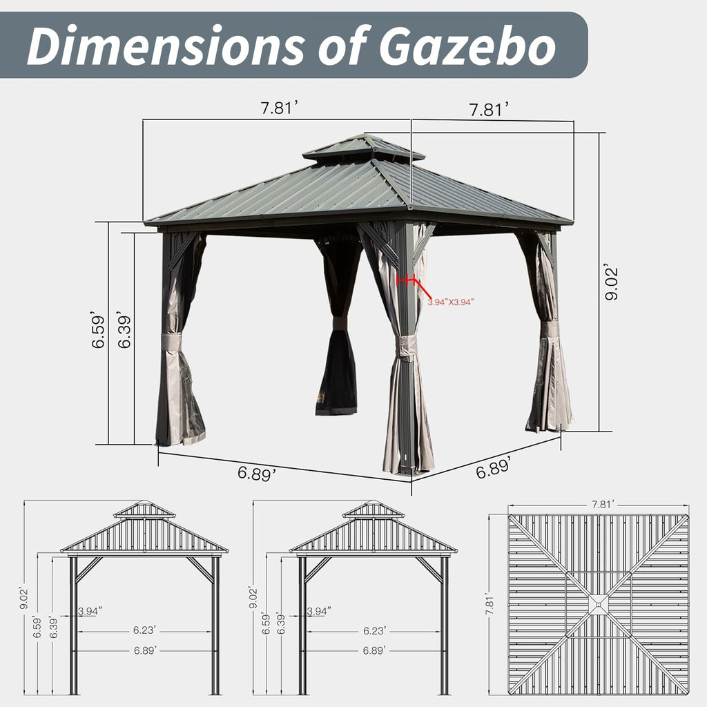 8' X 8' Hardtop Gazebo with Canopy and Netting