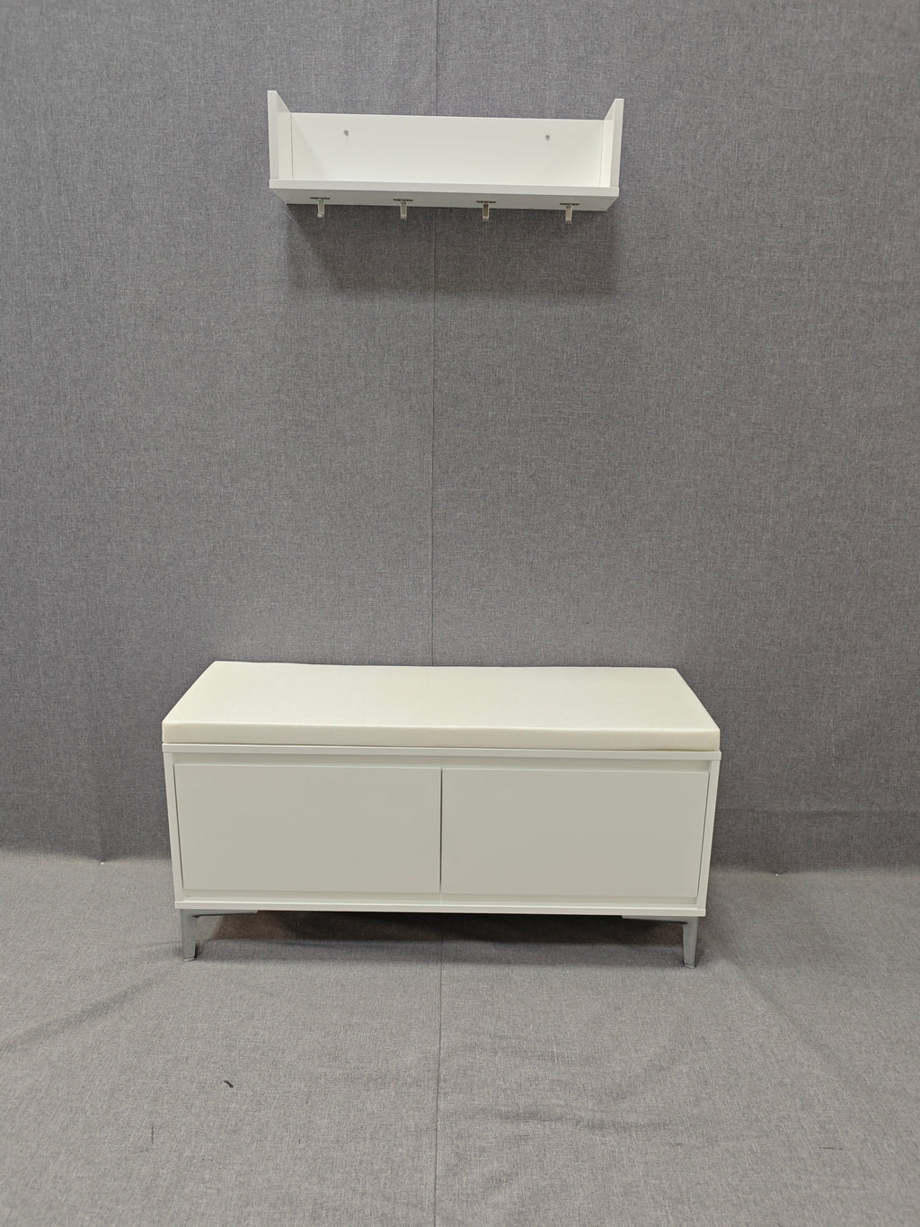 Wall-Mounted Entryway Shelf with Hooks and Storage Bench Set