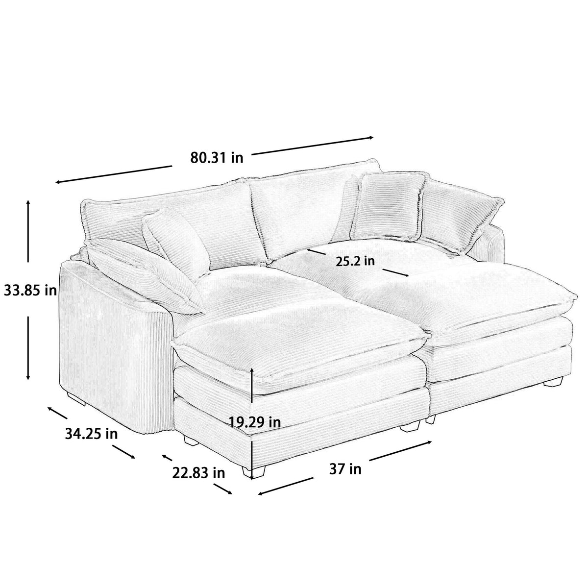 Corduroy Two-Seater Sofa with Ottoman