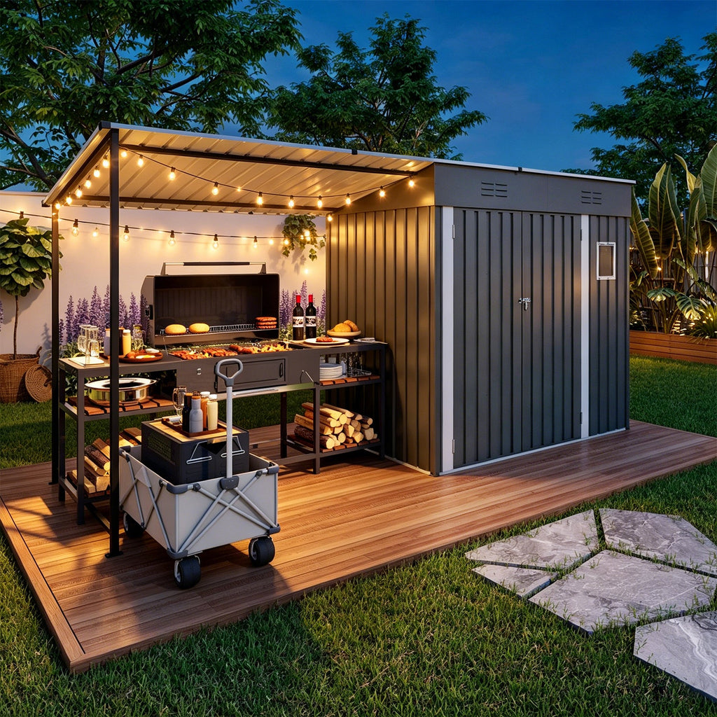 12x4ft Metal Lean to Shed with Open-Sided Pergola