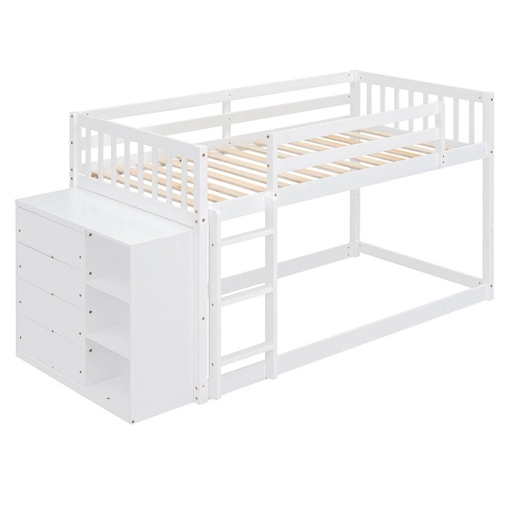 Twin Over Twin Bunk Bed with 4 Drawers and 3 Shelves - White