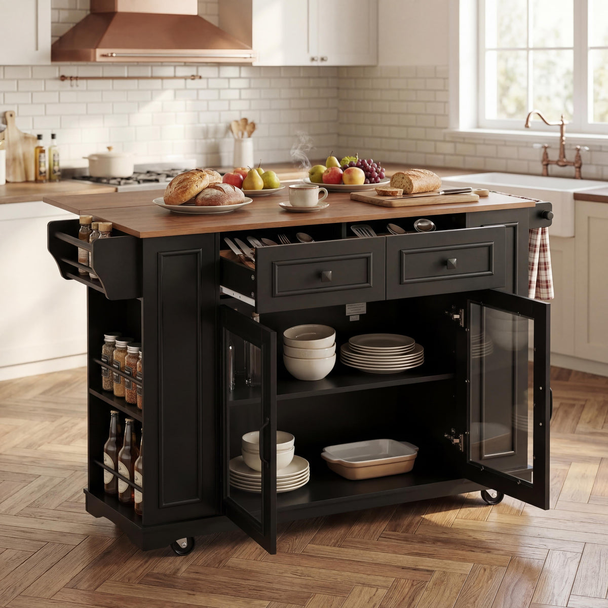 54" Mobile Kitchen Island with Glass Door Storage
