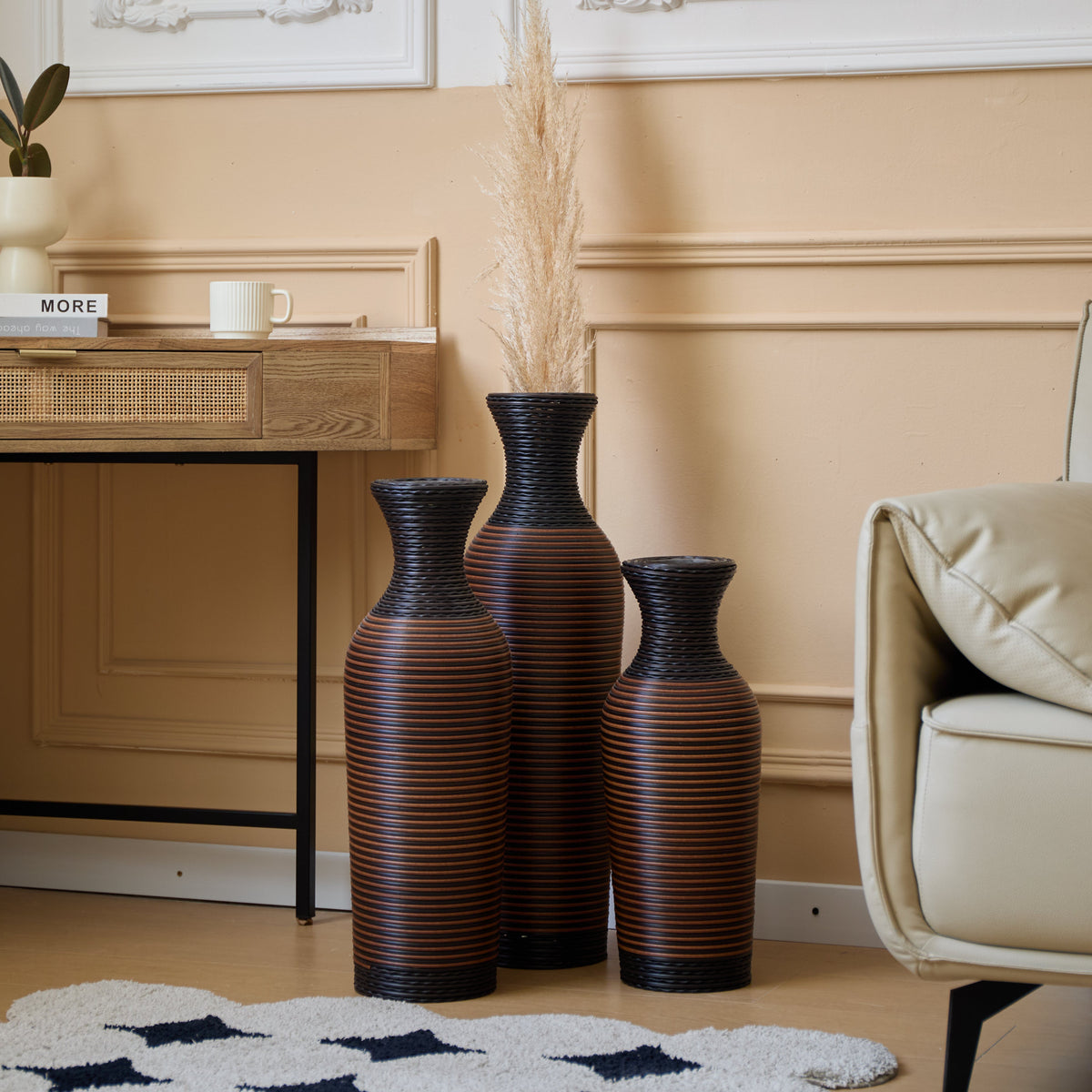 Hand-Woven PVC Rattan Vases, Set of 3
