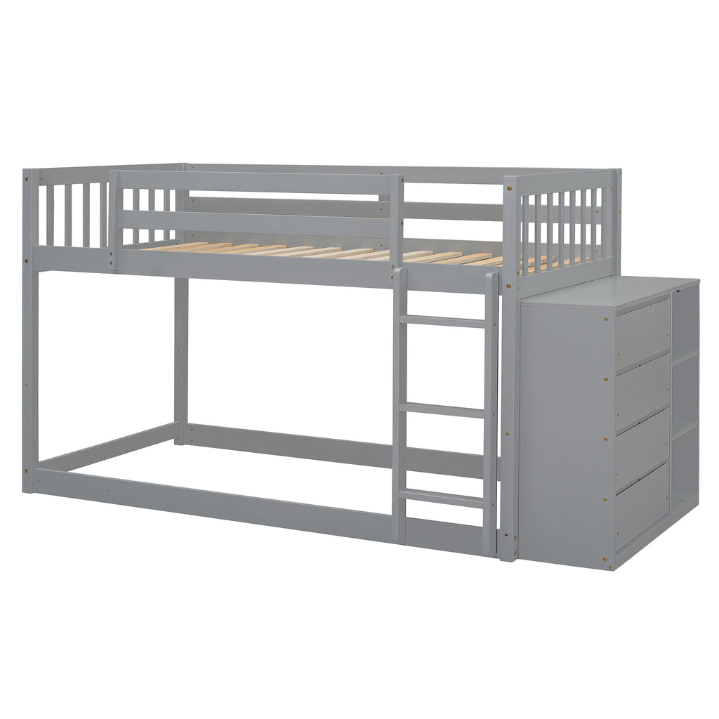 Twin Over Twin Bunk Bed with 4 Drawers and 3 Shelves - Gray