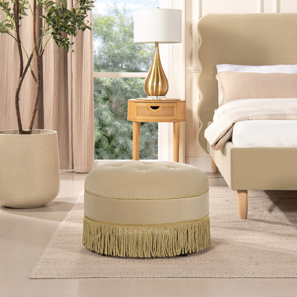 Yolanda 24" Round Upholstered Accent Ottoman, Fawn