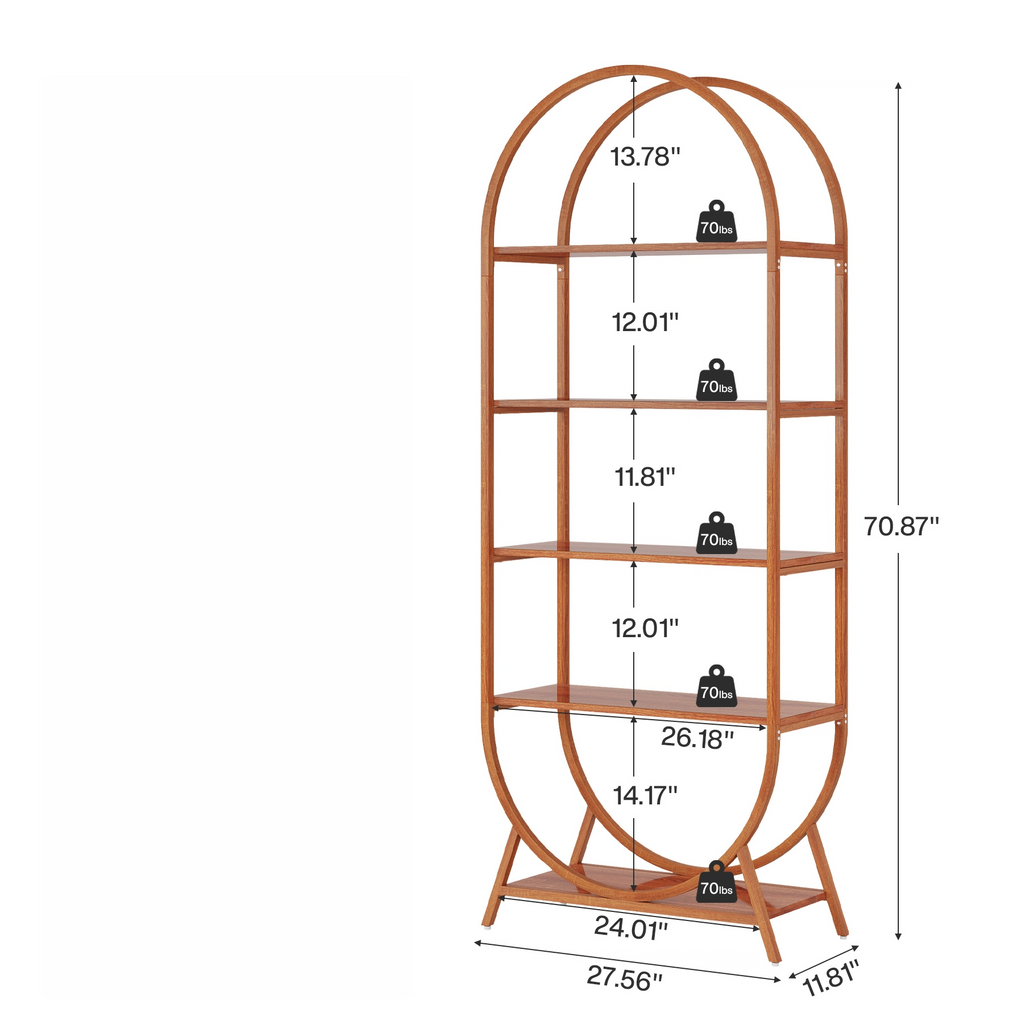 70.8" 5-Tier Modern Brown Arched Open Bookshelf