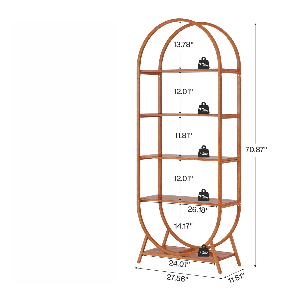 70.8" 5-Tier Modern Brown Arched Open Bookshelf