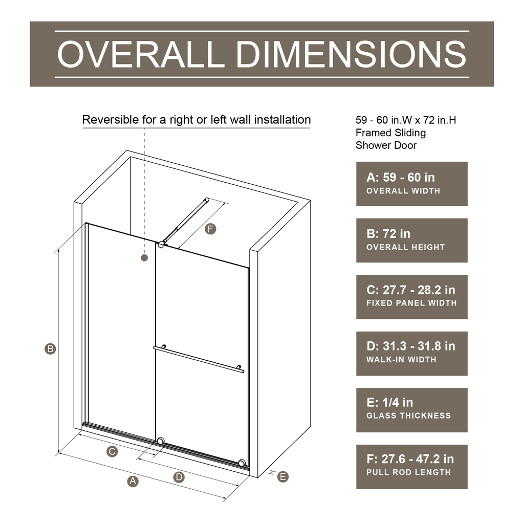 Glass Shower Door, 30 - 60 in.W x 72 in.H