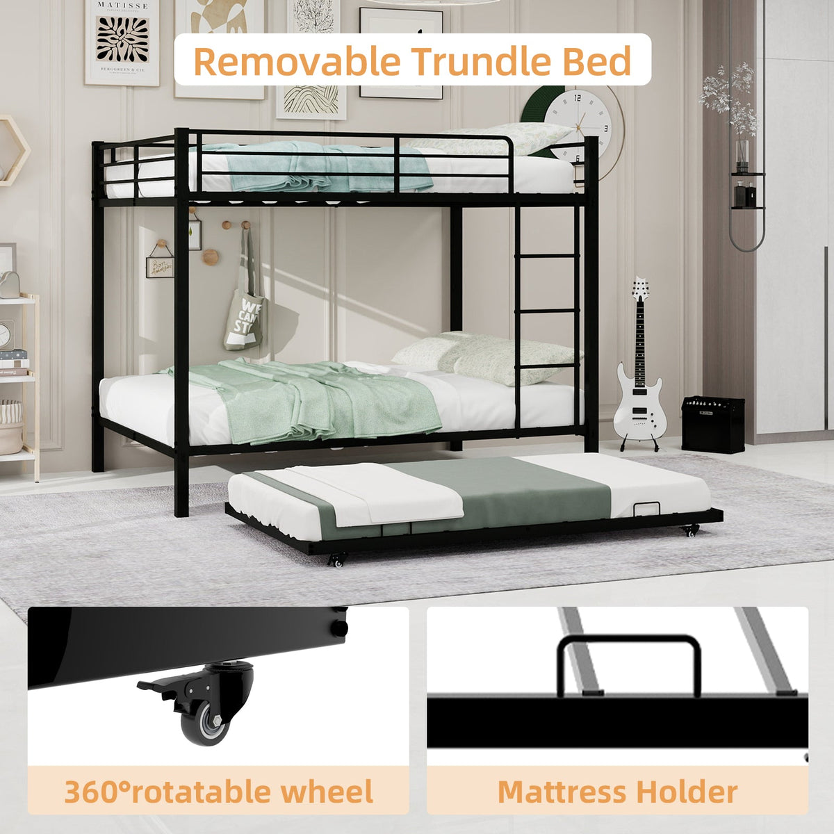 Durable Square Tube Iron Bunk Bed Featuring Safety Rails