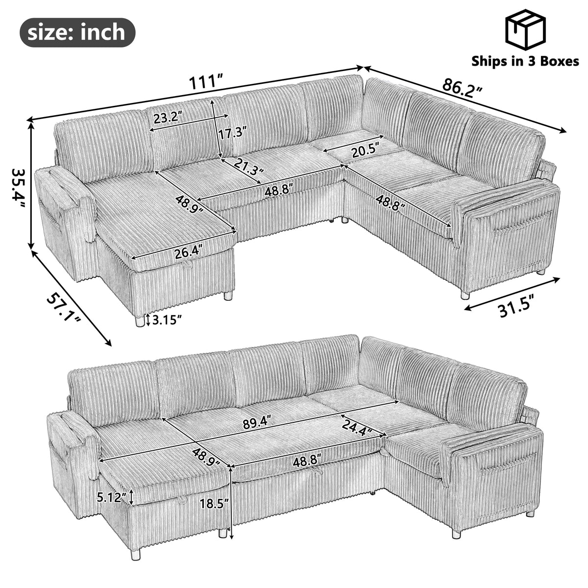 Convertible Sofa Bed Pull Out Sofa Bed 111" Sectional Sofa
