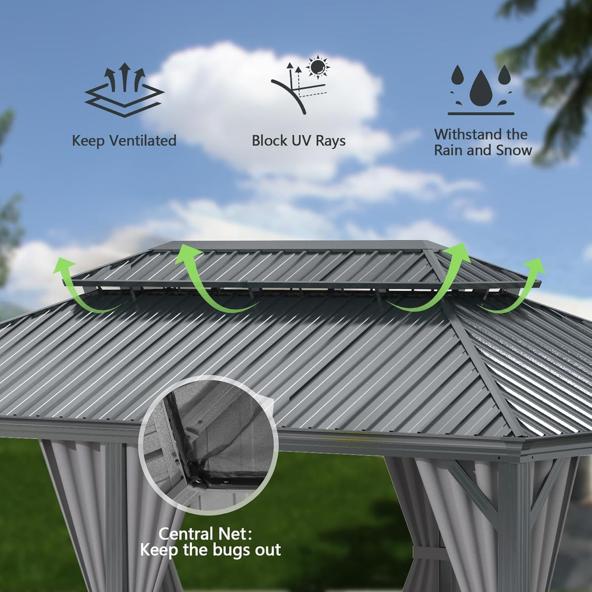 12x24FT Outdoor Gazebo with Galvanized Steel Double Roof