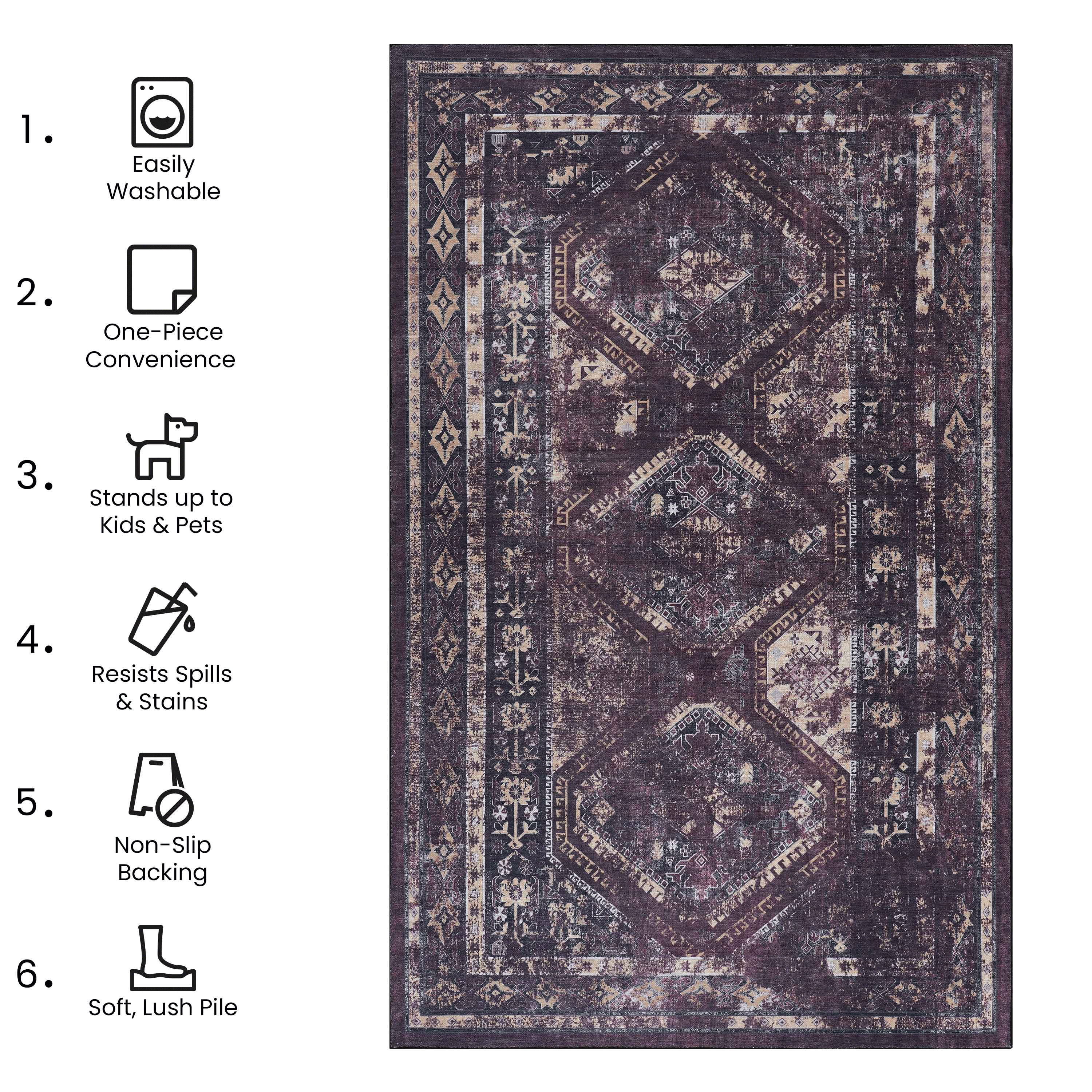 MAVAL Burgundy Washable Rug 9x12 Area Rug