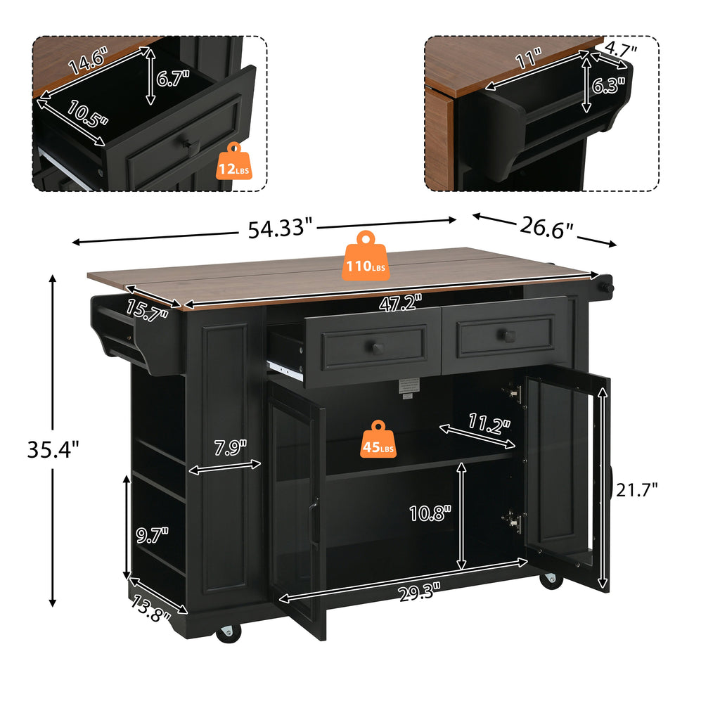 54" Mobile Kitchen Island with Glass Door Storage
