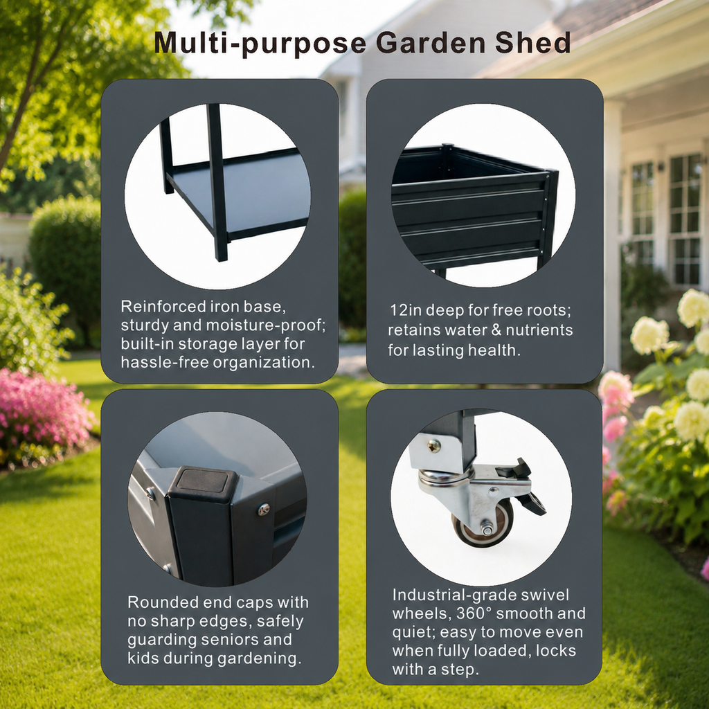 2-Tier Elevated Metal Wicking Garden Bed with Lockable Wheels